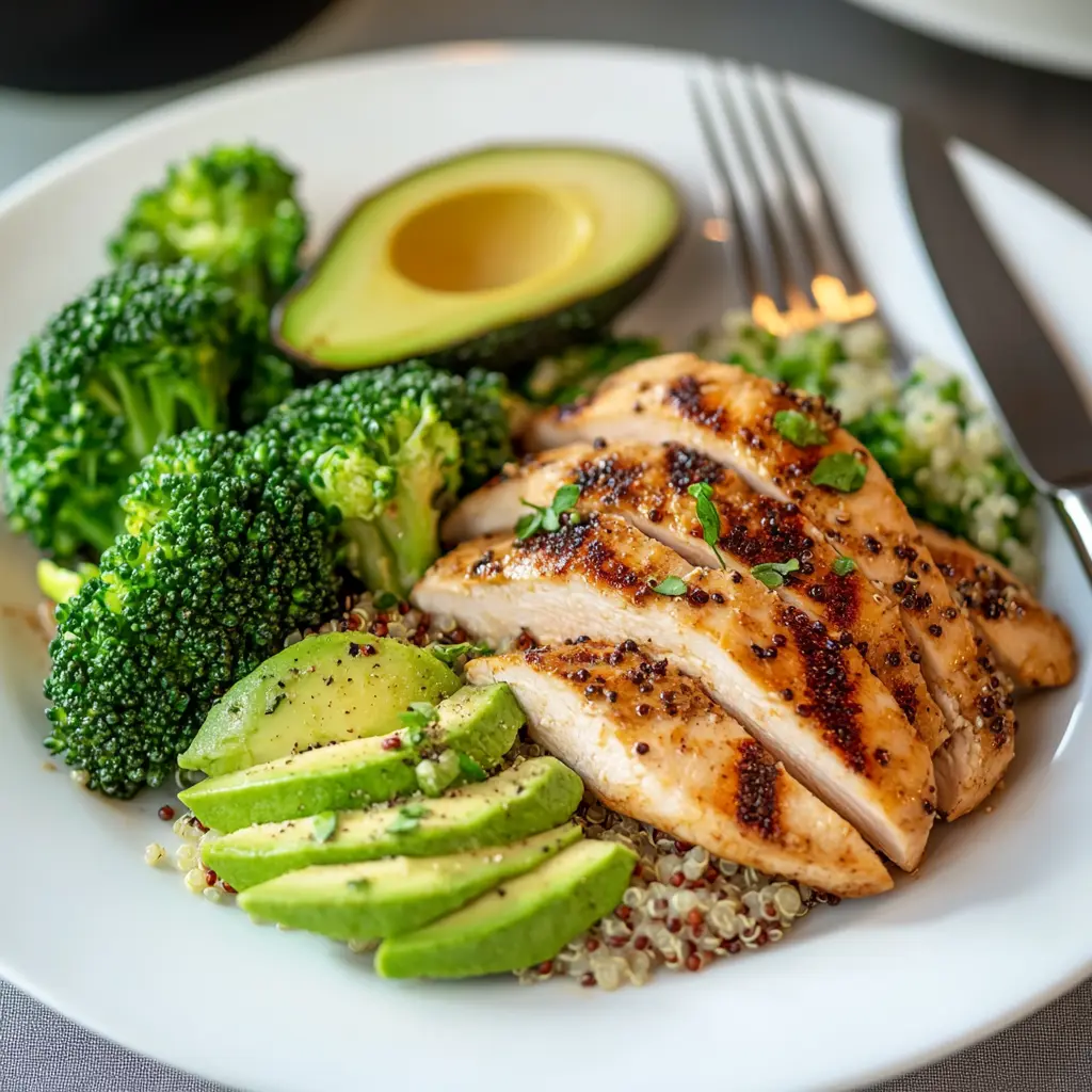 Plated Mounjaro diet meal with grilled chicken, quinoa, and steamed vegetables in elegant presentation.