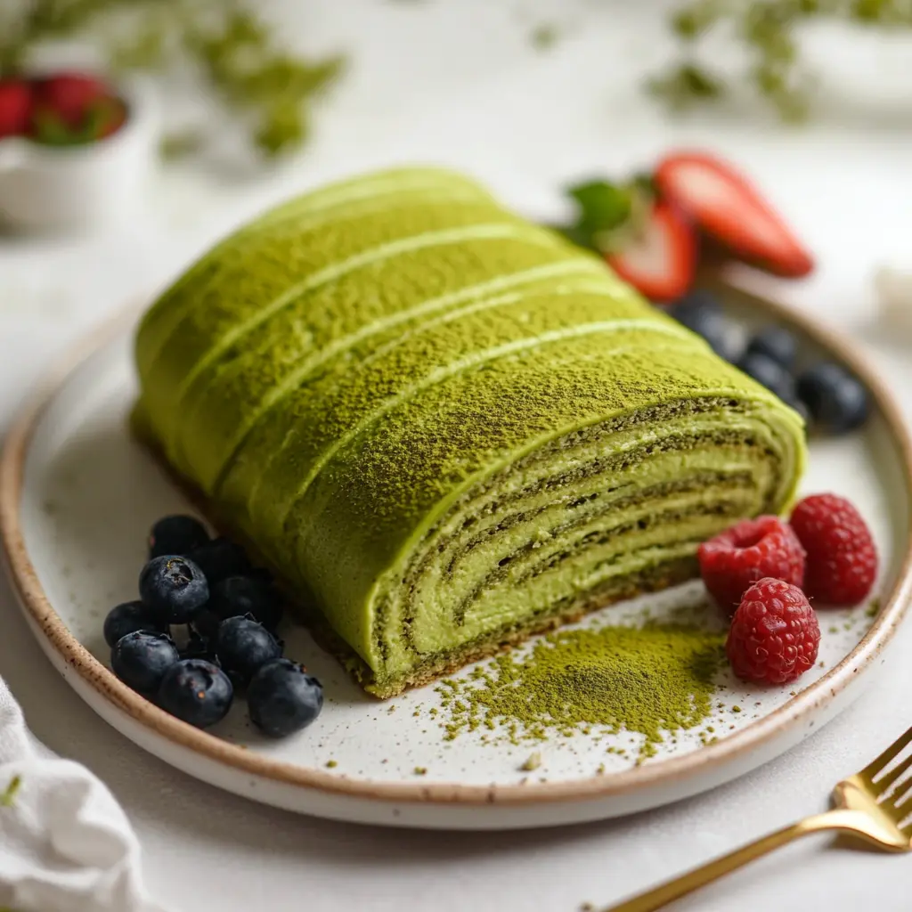 Serving Matcha Crepe Roll Cake