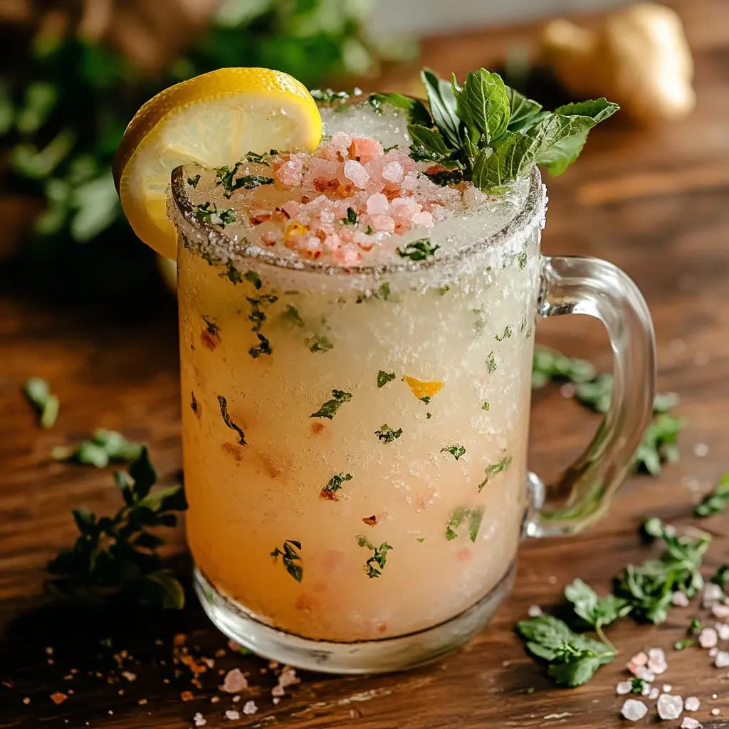 Brazilian Mounjaro Recipe with Pink Salt served in a clear glass mug with lemon and herbs.