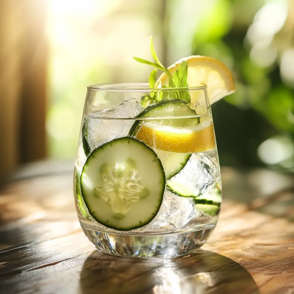 Serving glass of cucumber lemon detox water