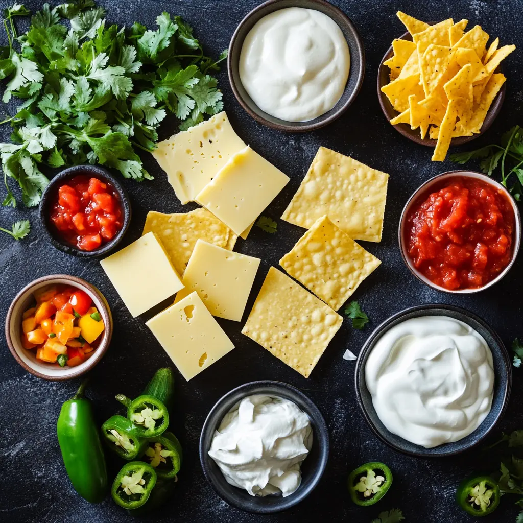 Ingredients for nachos including cheddar, Monterey Jack, Gruyรจre, and toppings like jalapeรฑos and salsa