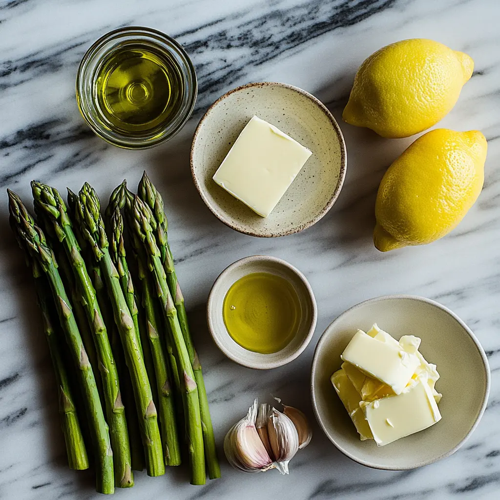 Ingredients for sautéed asparagus, including fresh asparagus, garlic, butter, and lemon.