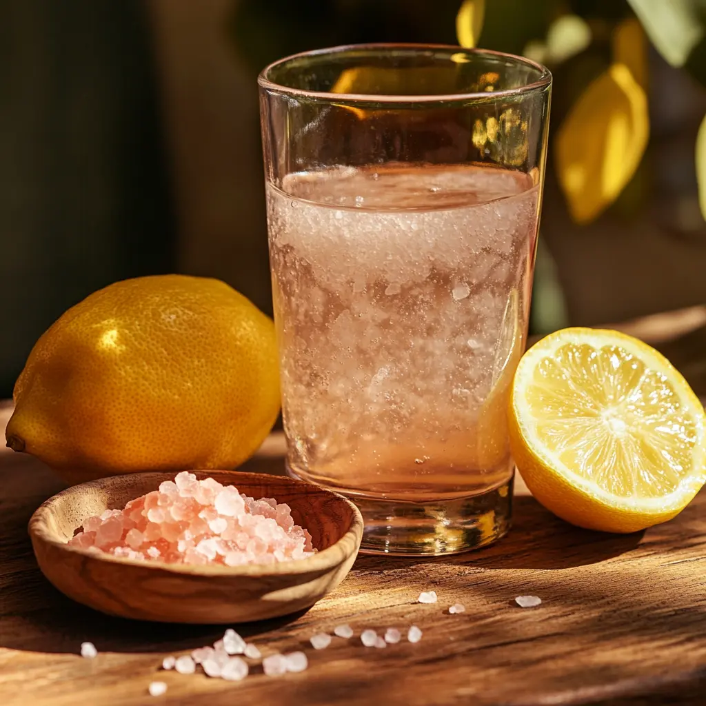 A glass of pink salt water on a wooden table with a dish of Himalayan pink salt and a lemon wedge for weight loss.