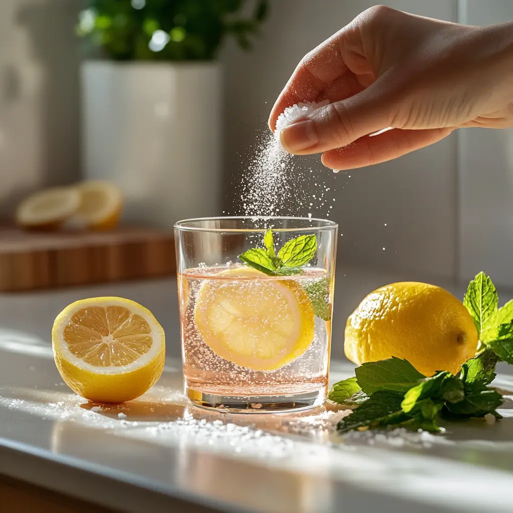 Adding pink Himalayan salt to warm water for fat-burning recipe