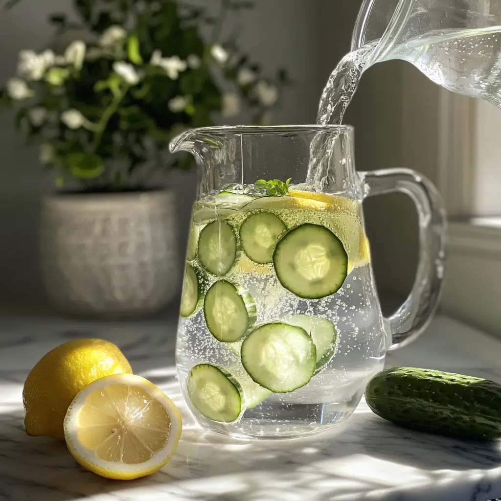 Infusing cucumber lemon detox water.