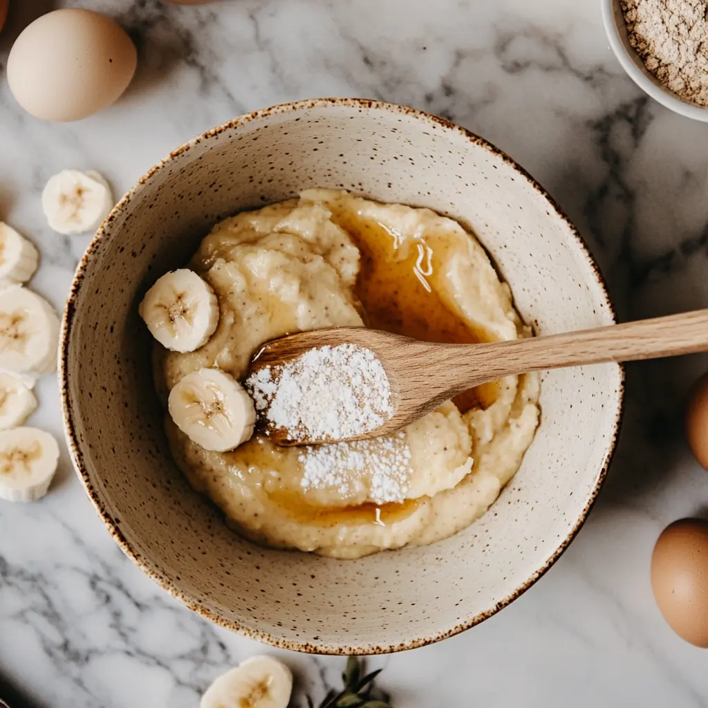 Mixing ingredients for healthy low-calorie banana pancakes