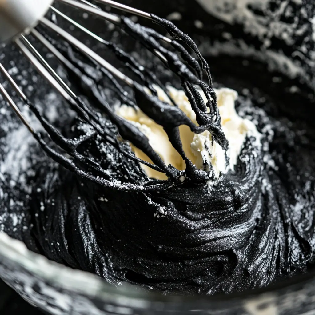 Mixing butter and powdered sugar to create the base of black buttercream frosting