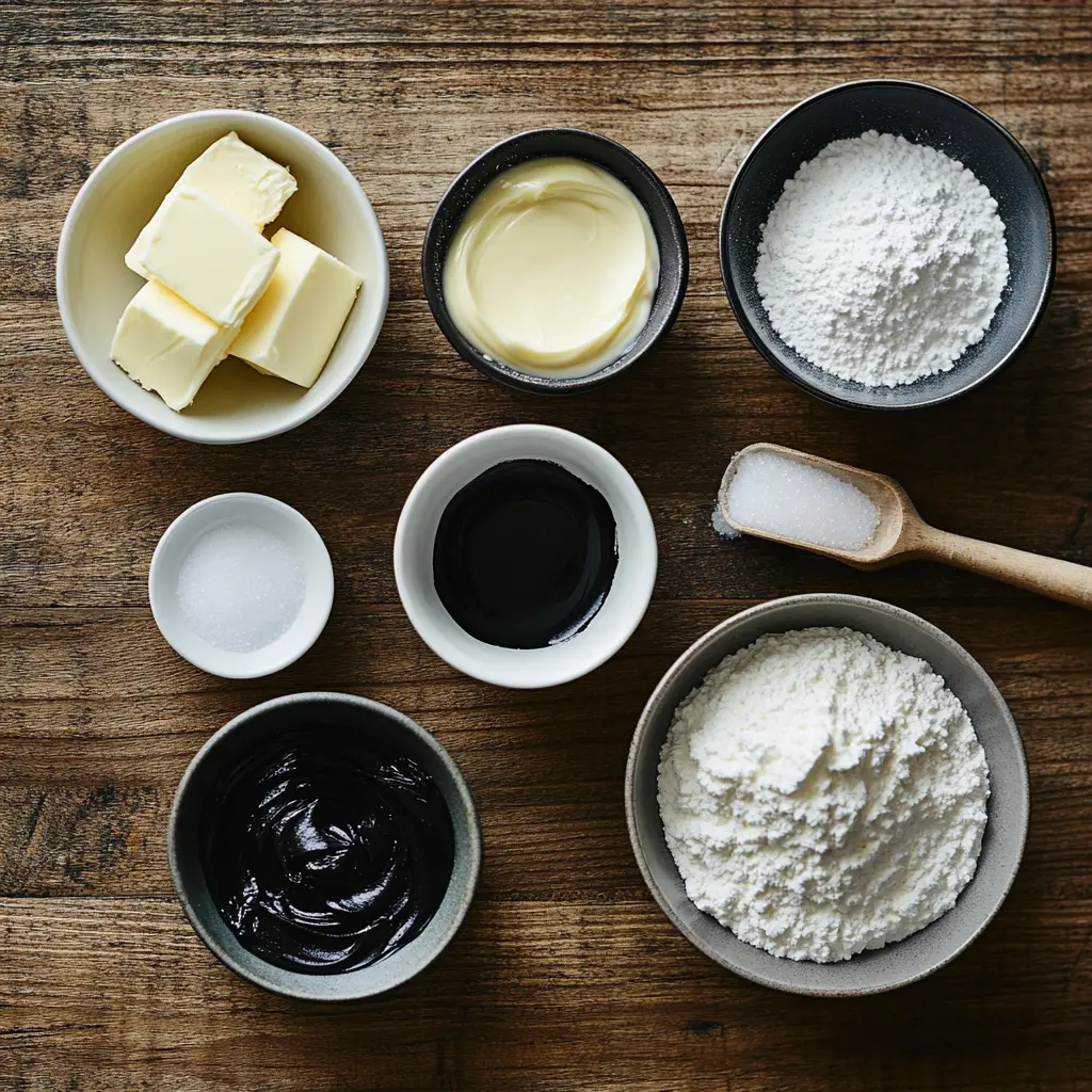 Ingredients for making black buttercream frosting: butter, sugar, black gel coloring, cream, and vanilla.