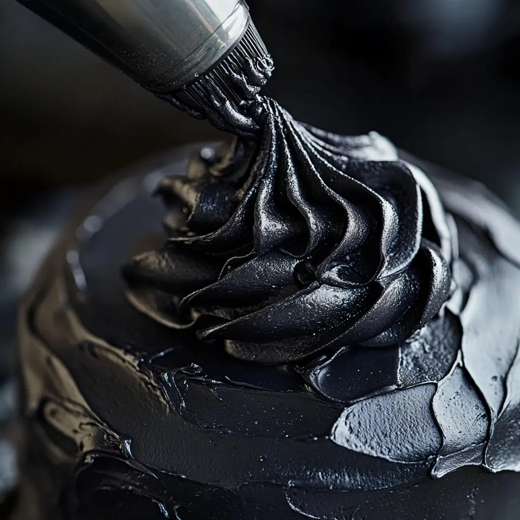 Piping smooth black buttercream frosting onto a cake.