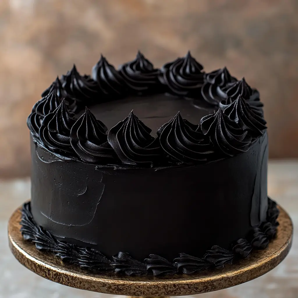 Elegant cake topped with smooth black buttercream frosting, showcasing deep color and creamy texture.