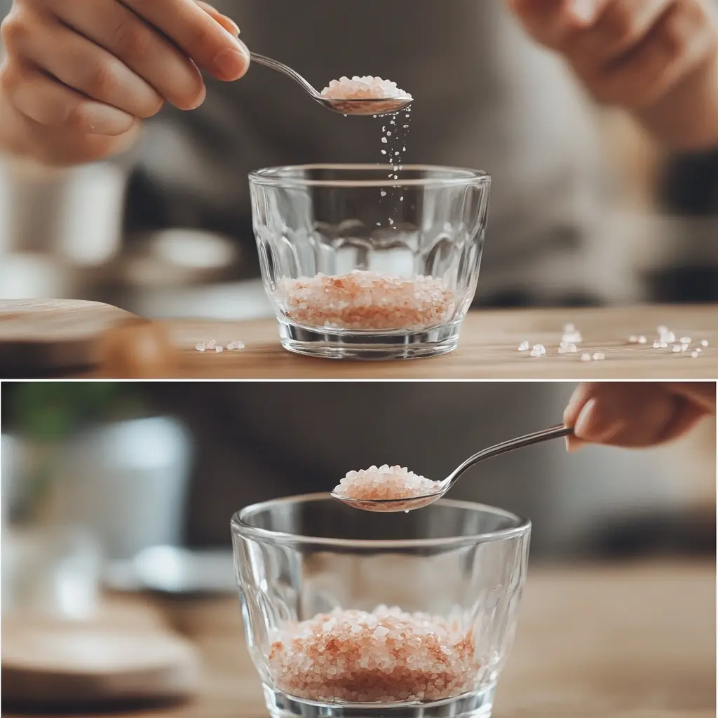 A person dissolving Himalayan pink salt in warm water as part of the weight loss ritual.
