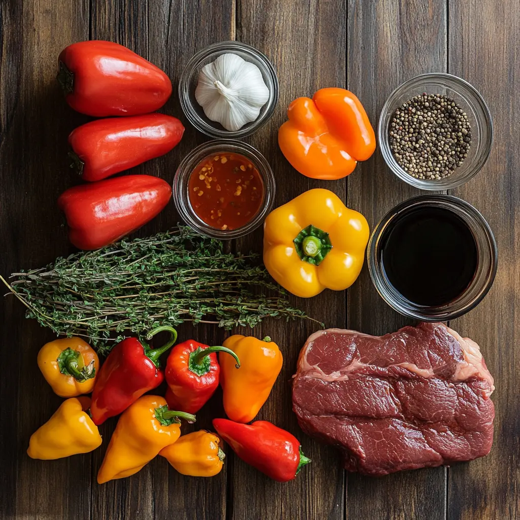 Fresh Jamaican Peppered Steak ingredients, including scotch bonnet peppers, thyme, allspice, soy sauce, and flank steak.