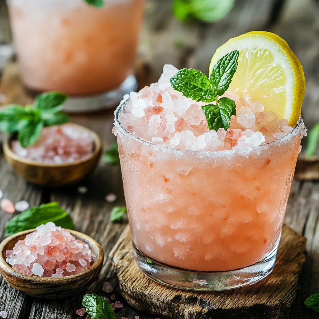 Glass of Pink Salt for Fast burning drink garnished with lemon and mint