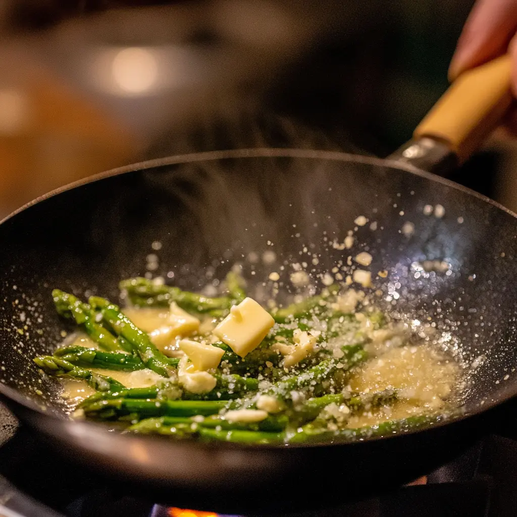 Close-up of asparagus being sautéed in a hot skillet with garlic and butter.