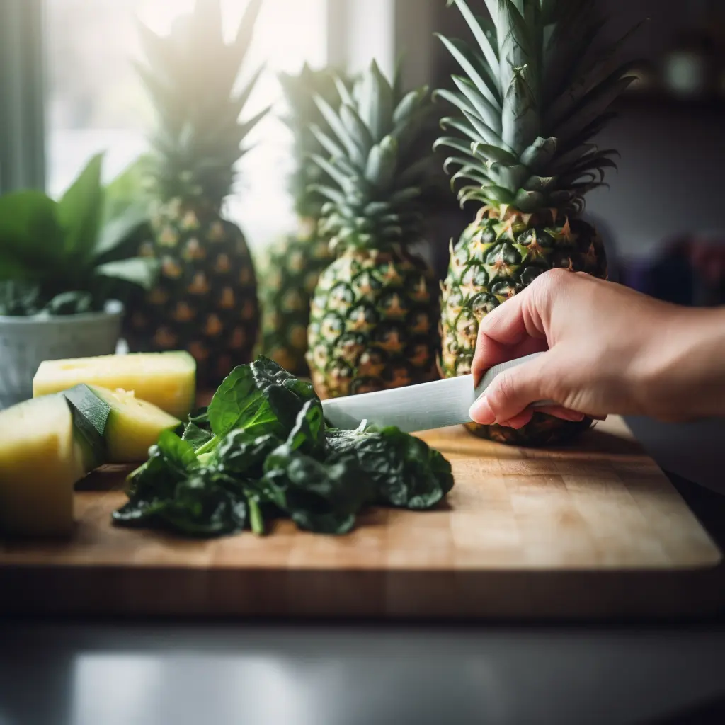 Preparing fresh pineapple and spinach for homemade detox smoothie