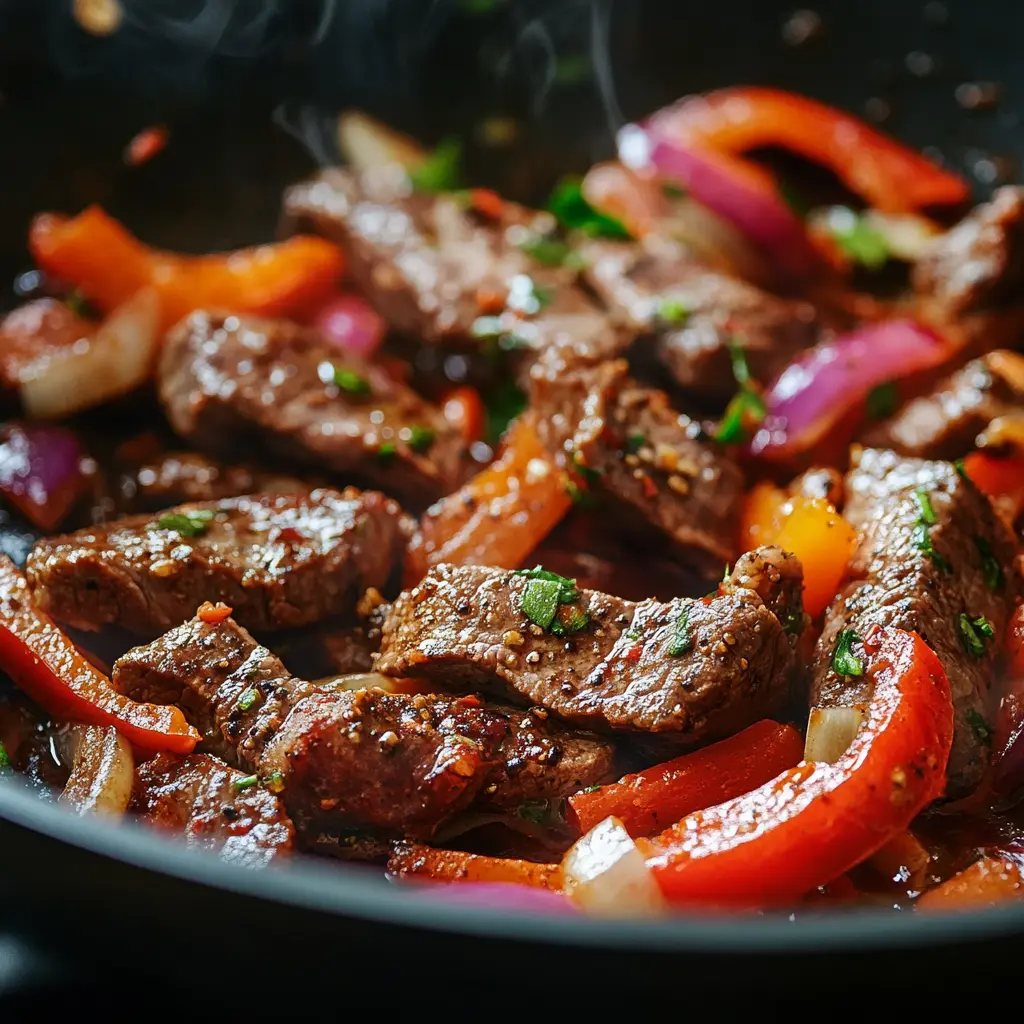 Close-up of Jamaican Peppered Steak cooking in a skillet with peppers, onions, and garlic sizzling in the pan.
