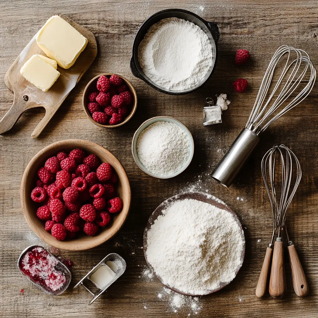 Ingredients for Raspberry Cookies – Butter, Sugar, Raspberries, Flour, etc.