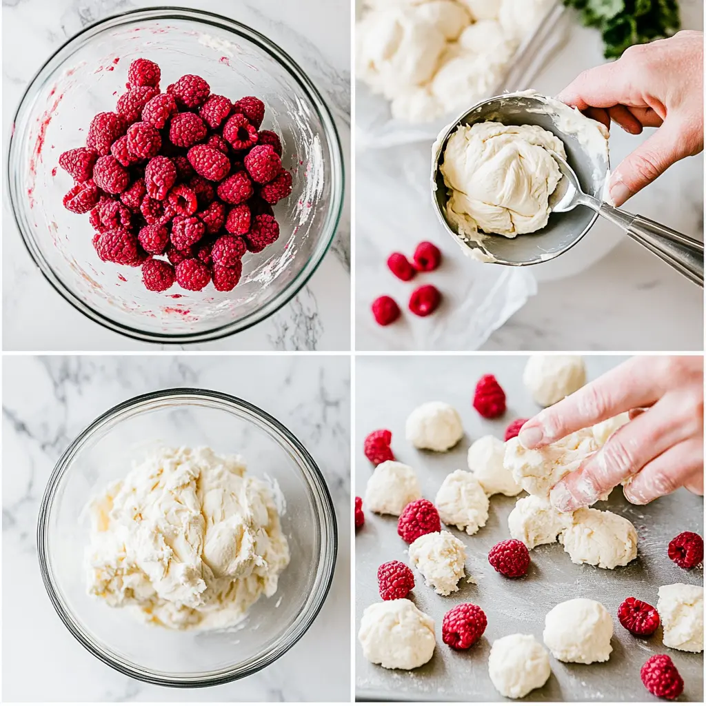 Step-by-step process for making raspberry cookies – mixing dough, adding raspberries, etc.