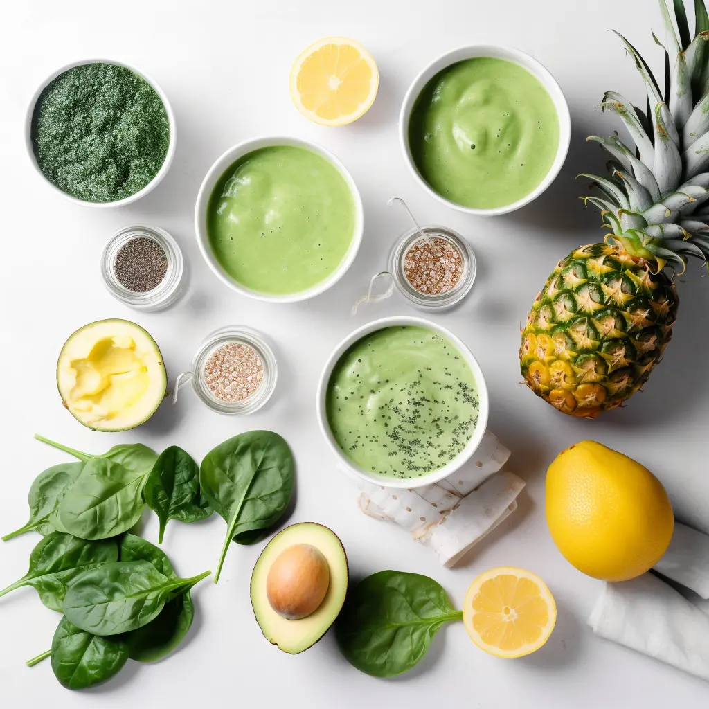 Detox smoothie ingredients laid out including spinach, pineapple, avocado, chia seeds, lemon, and Greek yogurt