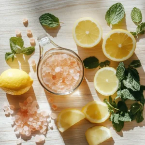 Pink Salt for Fast Ingredients for pink salt fat-burning drink: pink salt, lemon slices, mint leaves, and warm water