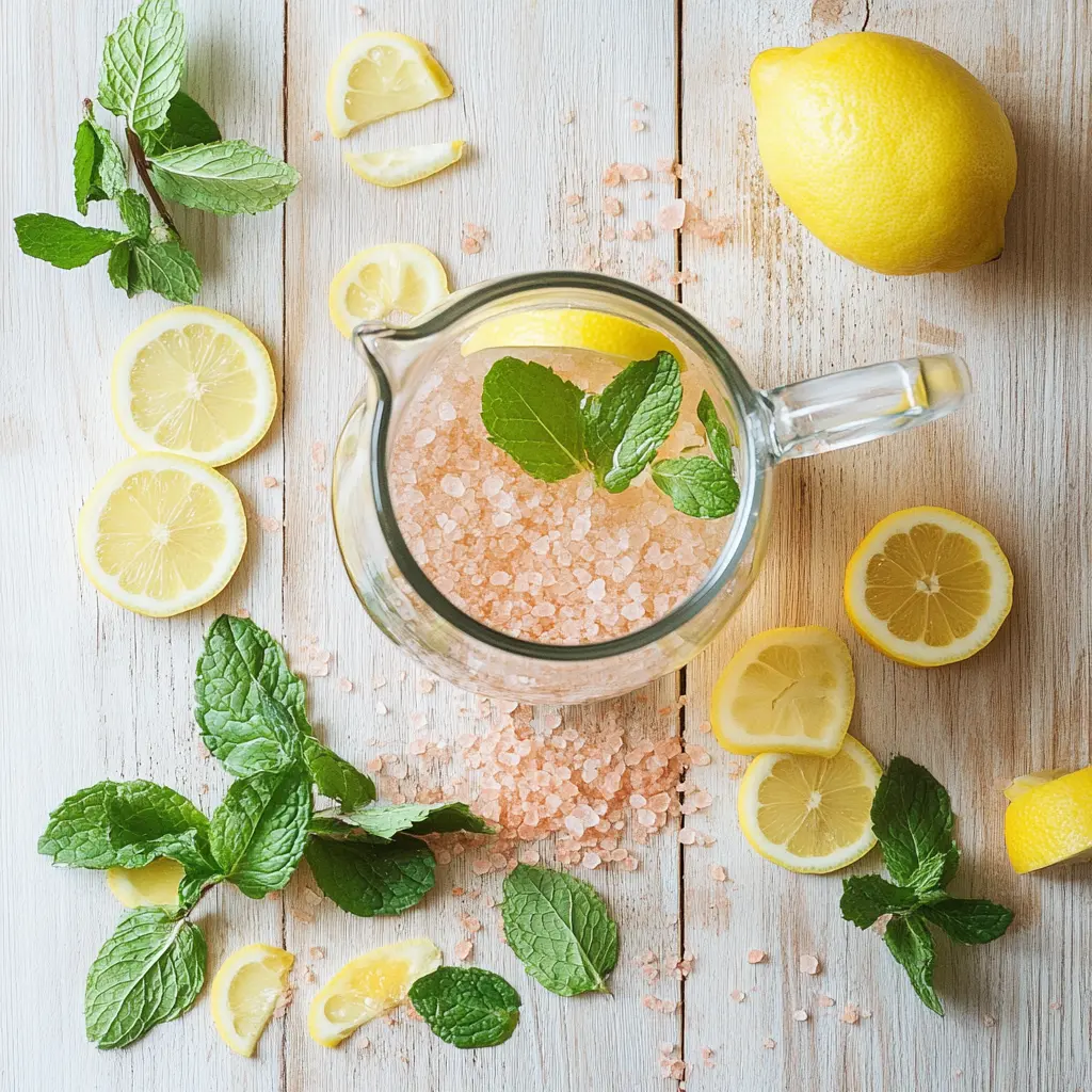 Ingredients for pink salt fat-burning drink laid out on wooden table