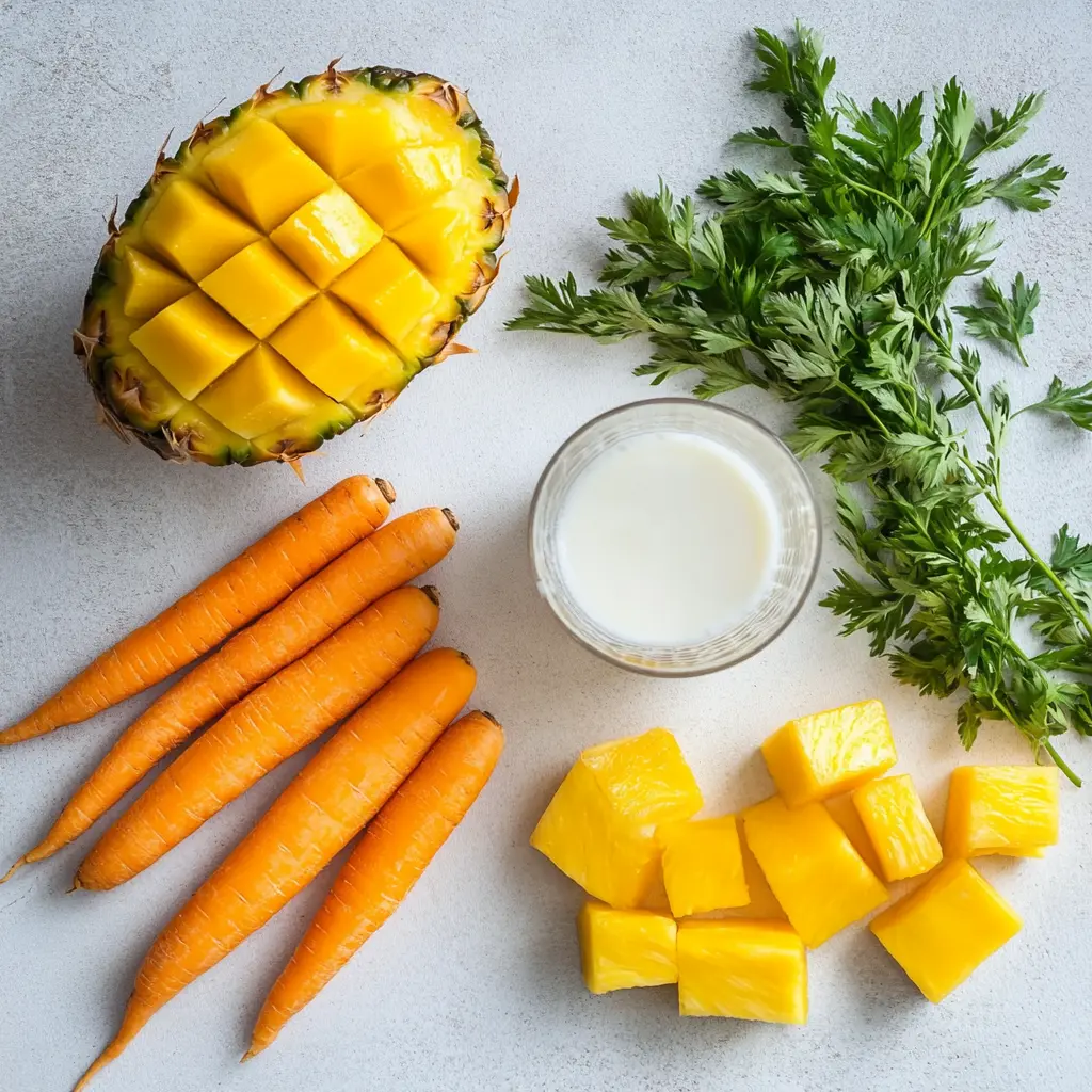 Fresh ingredients for Tropical Carrot Detox Smoothie - carrots, mango, pineapple, coconut water