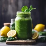 Served homemade detox smoothie garnished with lemon slice and chia seeds
