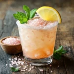 Glass of pink salt fat-burning drink with lemon garnish