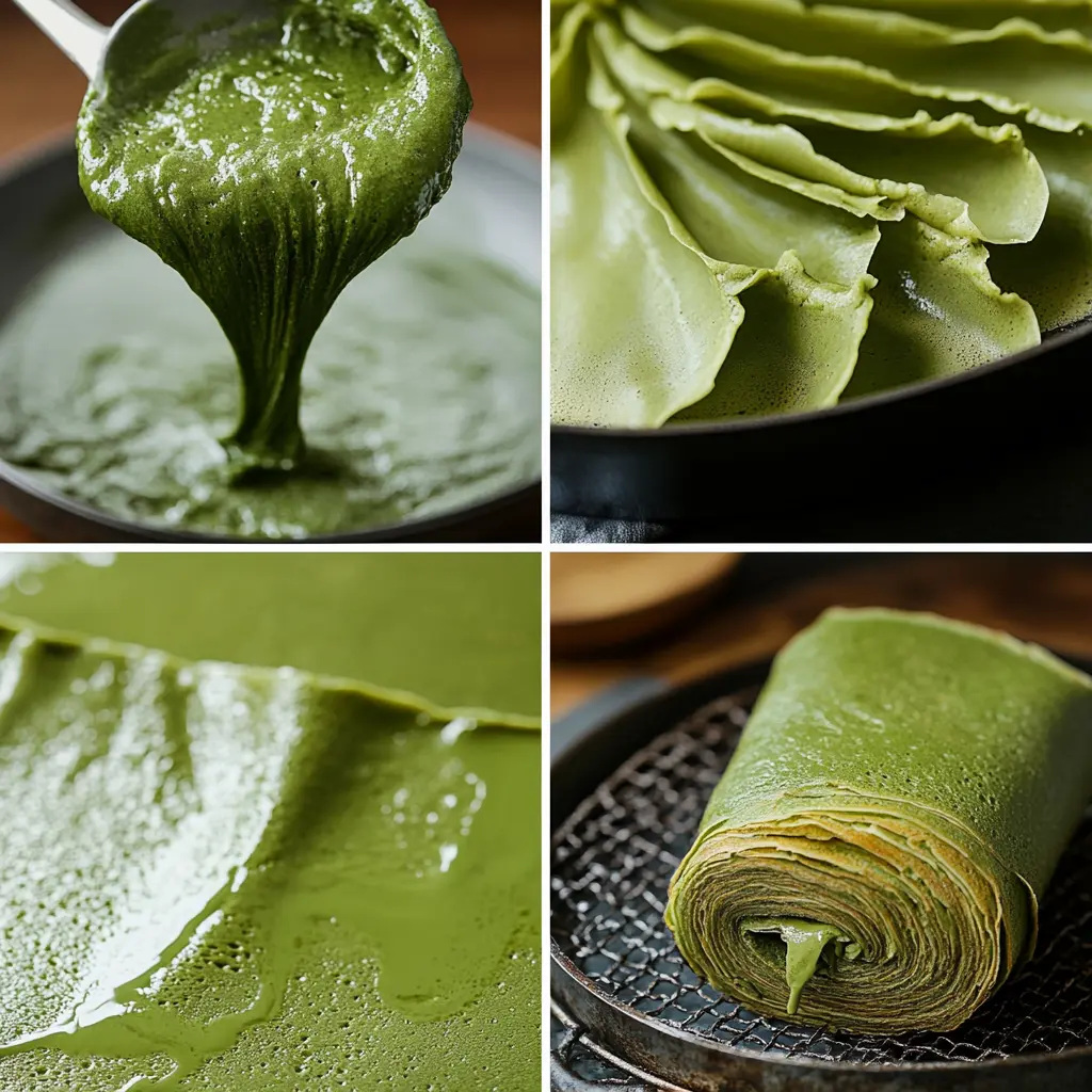 Step-by-step Process of Making Matcha Crepe Roll Cake