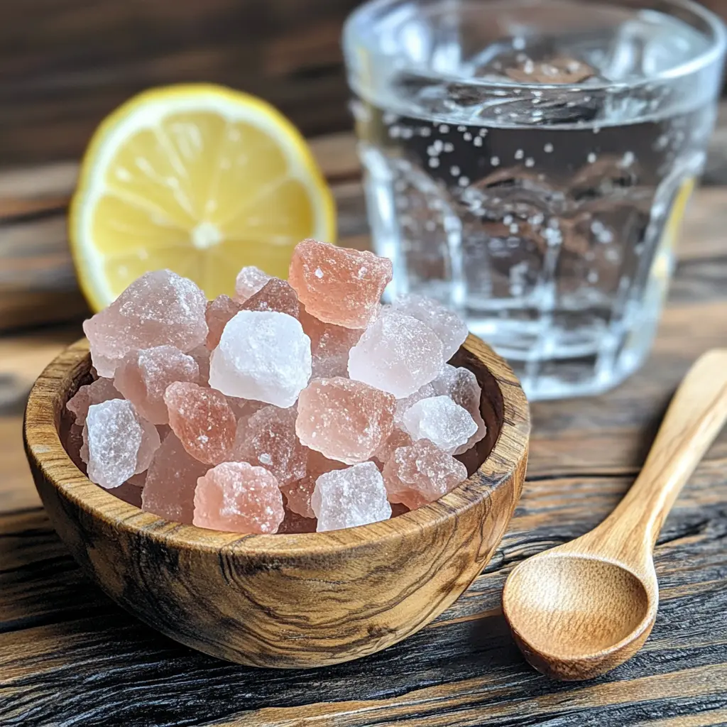 ingredients-pink-salt-crystals-lemon-water.webp High-quality Himalayan the pink salt trick in a wooden bowl, ready for use in the Pink Salt Trick Recipe.