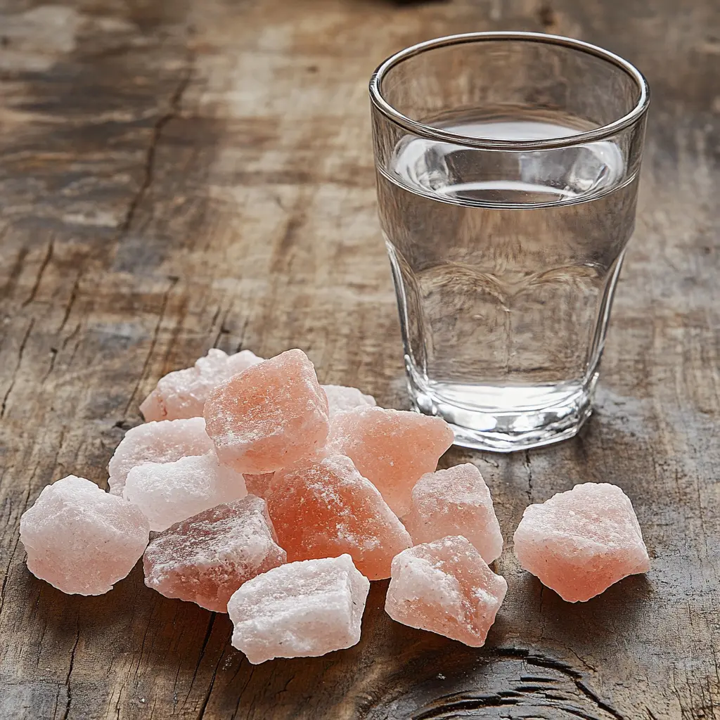 Himalayan the pink salt trick crystals and a glass of water representing wellness and hydration
