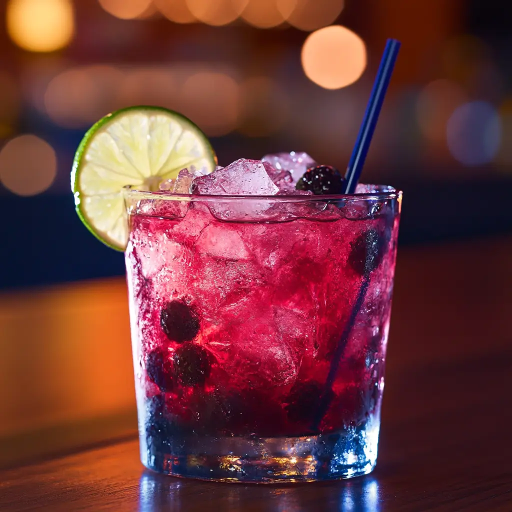 A vibrant, refreshing Baja Midnight drink served in a glass with ice and a lime slice, perfect for enjoying anytime.