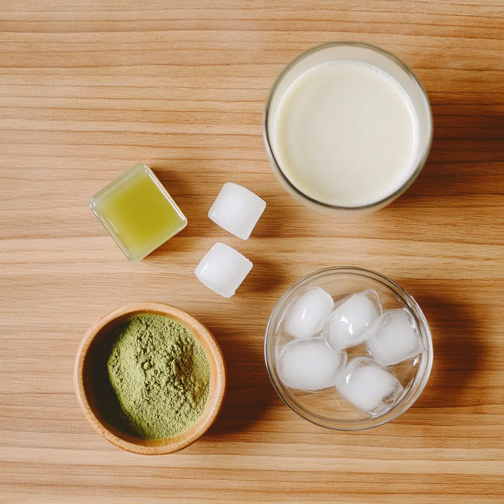 Ingredients for Iced Matcha Latte – Matcha Powder, Milk, Ice, and Sweeteners