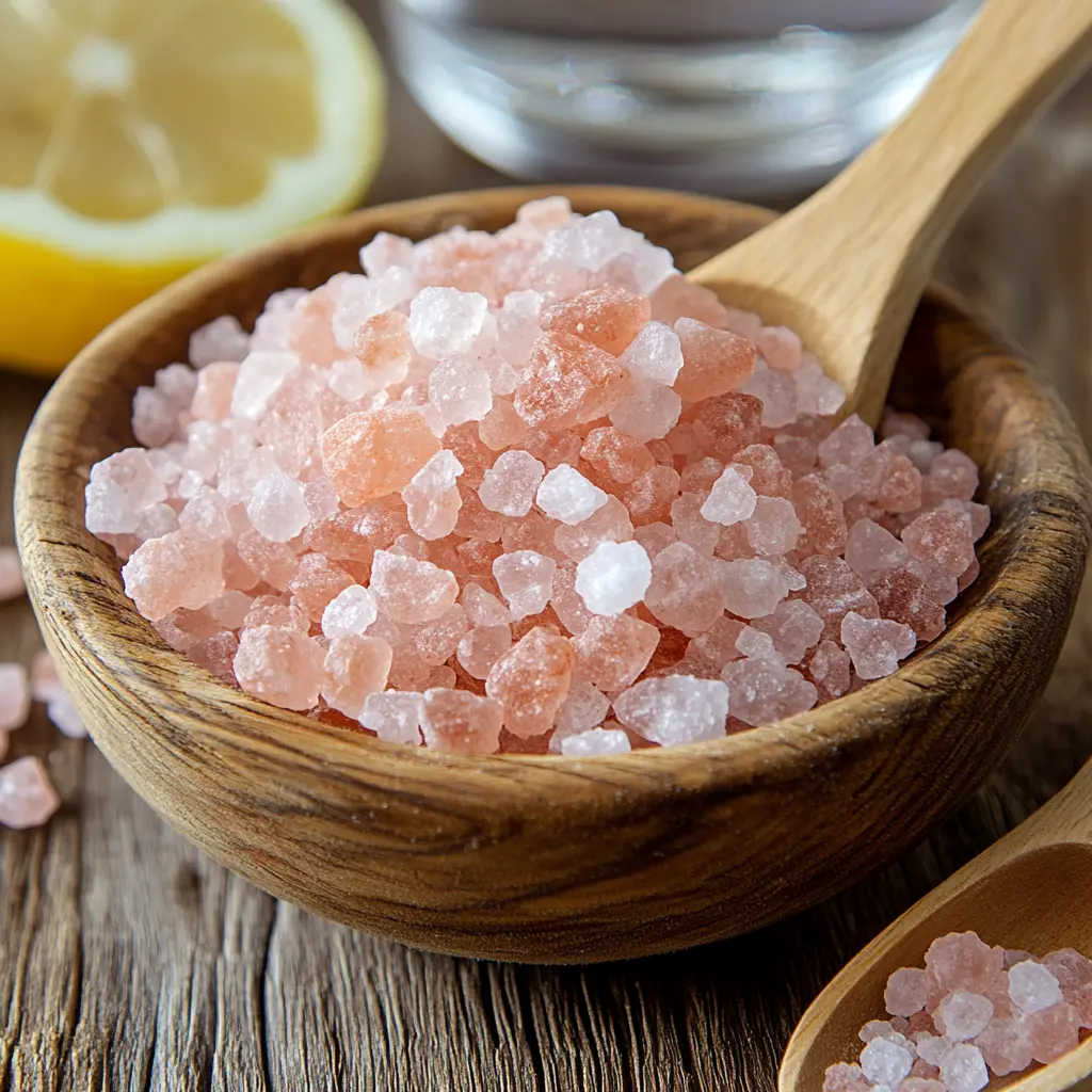 ingredients-pink-salt-water-lemon.webp High-quality Himalayan pink salt in a wooden bowl with water, lemon slice, representing natural ingredients for weight loss.