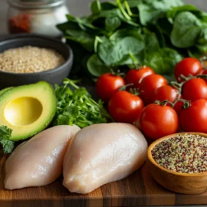 Ingredients for the Natural Mounjaro Recipe including chicken, quinoa, avocado, and vegetables.