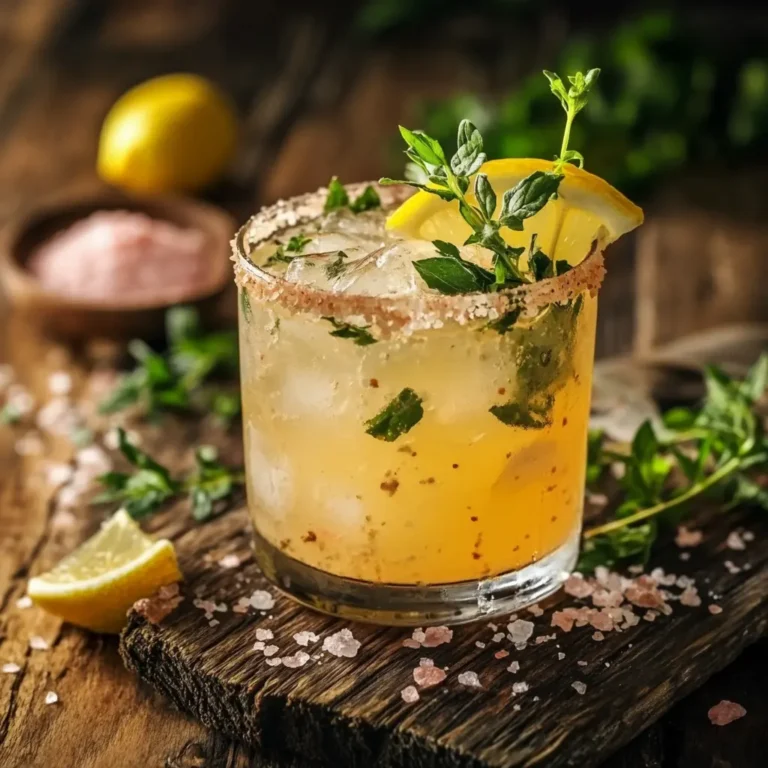 Brazilian Mounjaro drink served in a glass with fresh herbs and lemon slices.