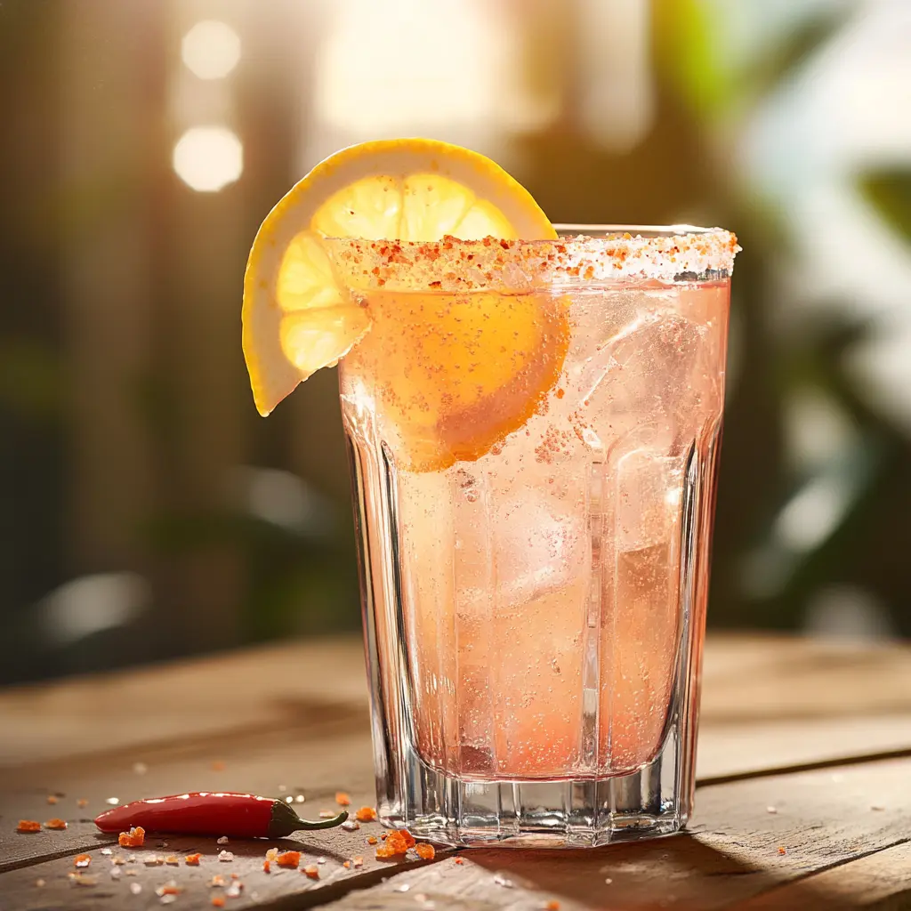 Pink Himalayan Salt Drink served in a glass with a lemon slice and cayenne pepper on top