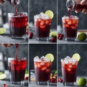 Step-by-step process of making Taco Bell Baja Midnight drink: Pouring Baja Blast soda, adding cherry syrup, squeezing lime juice, and garnishing with ice.