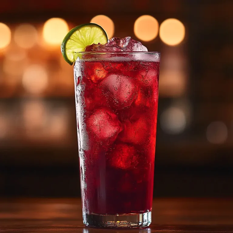 Taco Bell Baja Midnight drink with cherry syrup and lime, served in a tall glass with ice cubes, set on a rustic wooden coaster