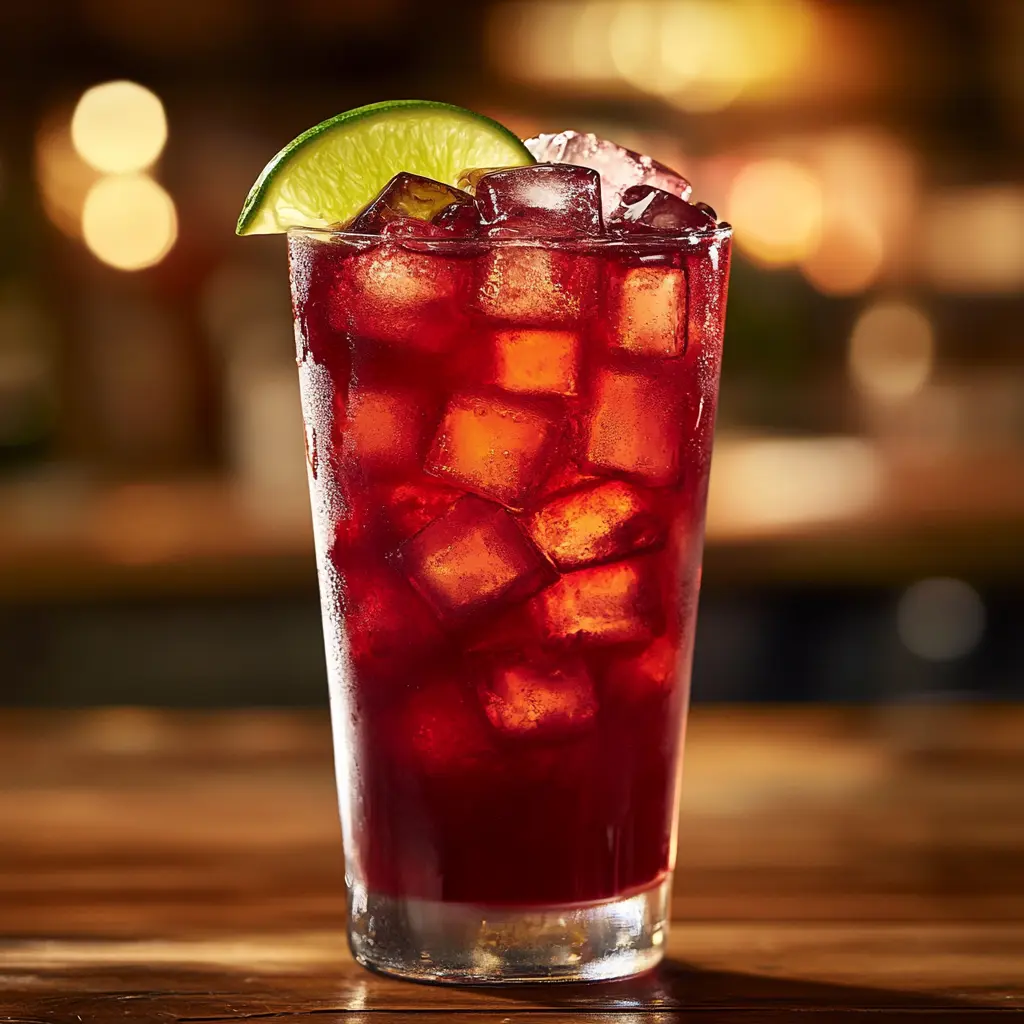 Taco Bell Baja Midnight drink with cherry syrup and lime, served in a tall glass with ice cubes, set on a rustic wooden coaster