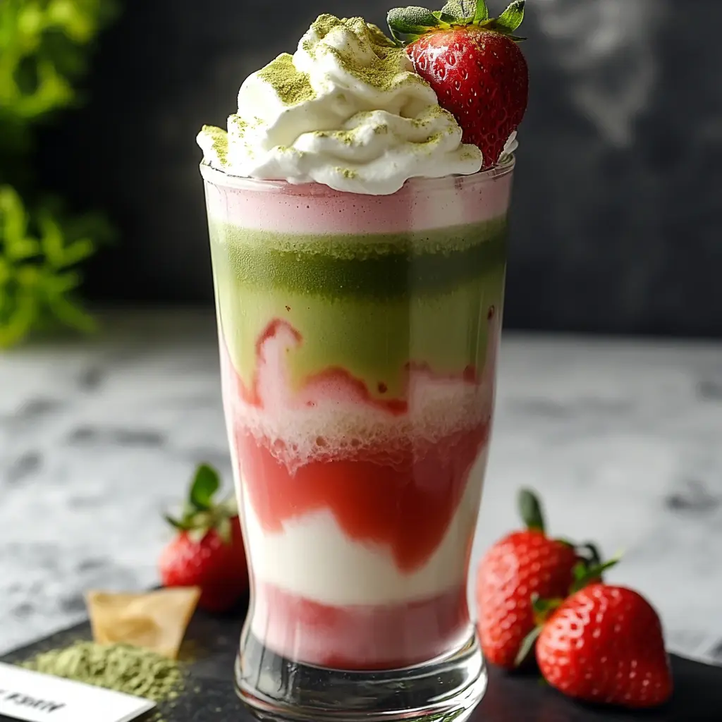 Final Iced Strawberry Matcha Latte with layered matcha and strawberry syrup, topped with whipped cream.