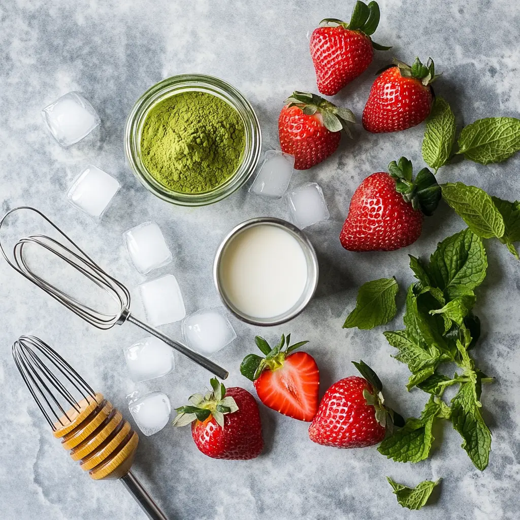 Ingredients for making an Iced Strawberry Matcha Latte: matcha, strawberries, honey, milk, and ice.