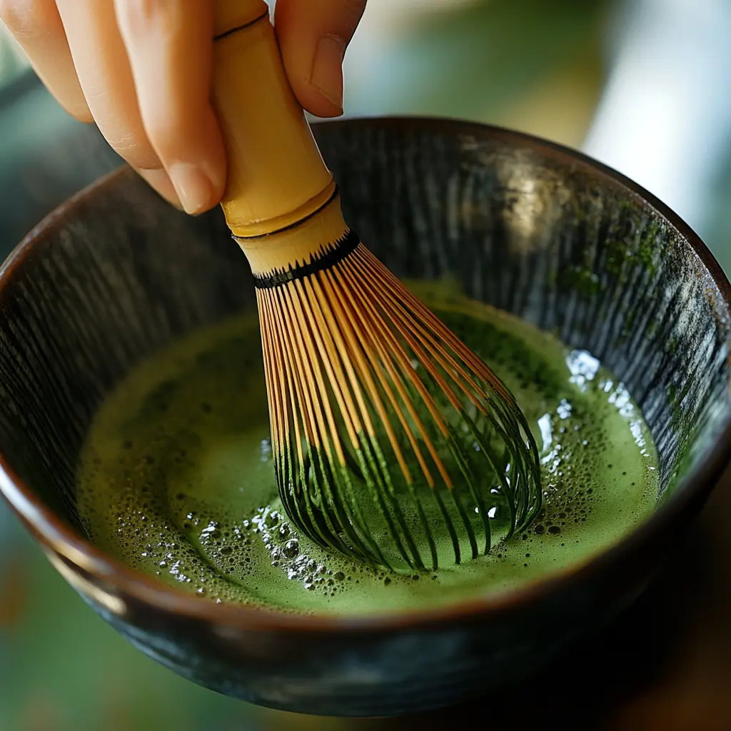 Whisking matcha powder with hot water to create a frothy base for the latte.