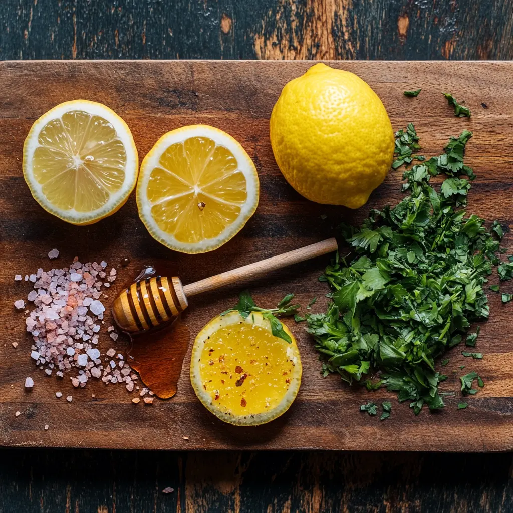 Fresh ingredients for Brazilian Mounjaro recipe including lemon, herbs, and salt.
