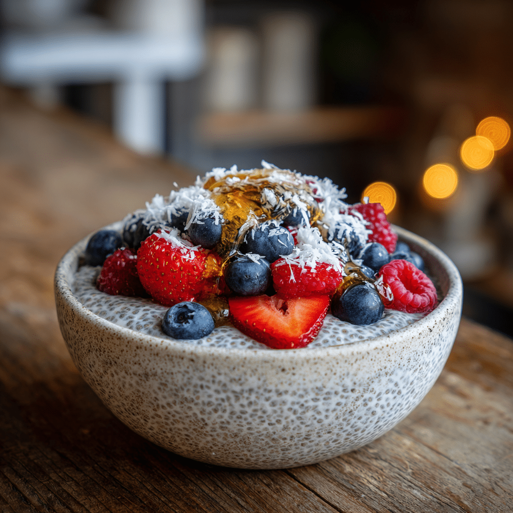 Chia Seed Pudding Recipe topped with fresh berries, coconut, and honey