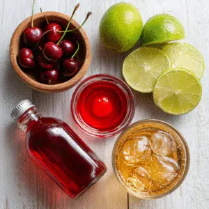 Ingredients for Shirley Temple drink: ginger ale, grenadine, maraschino cherry