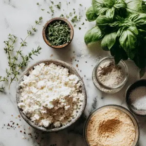Ingredients for cottage cheese pizza crust including almond flour, cottage cheese, and fresh herbs