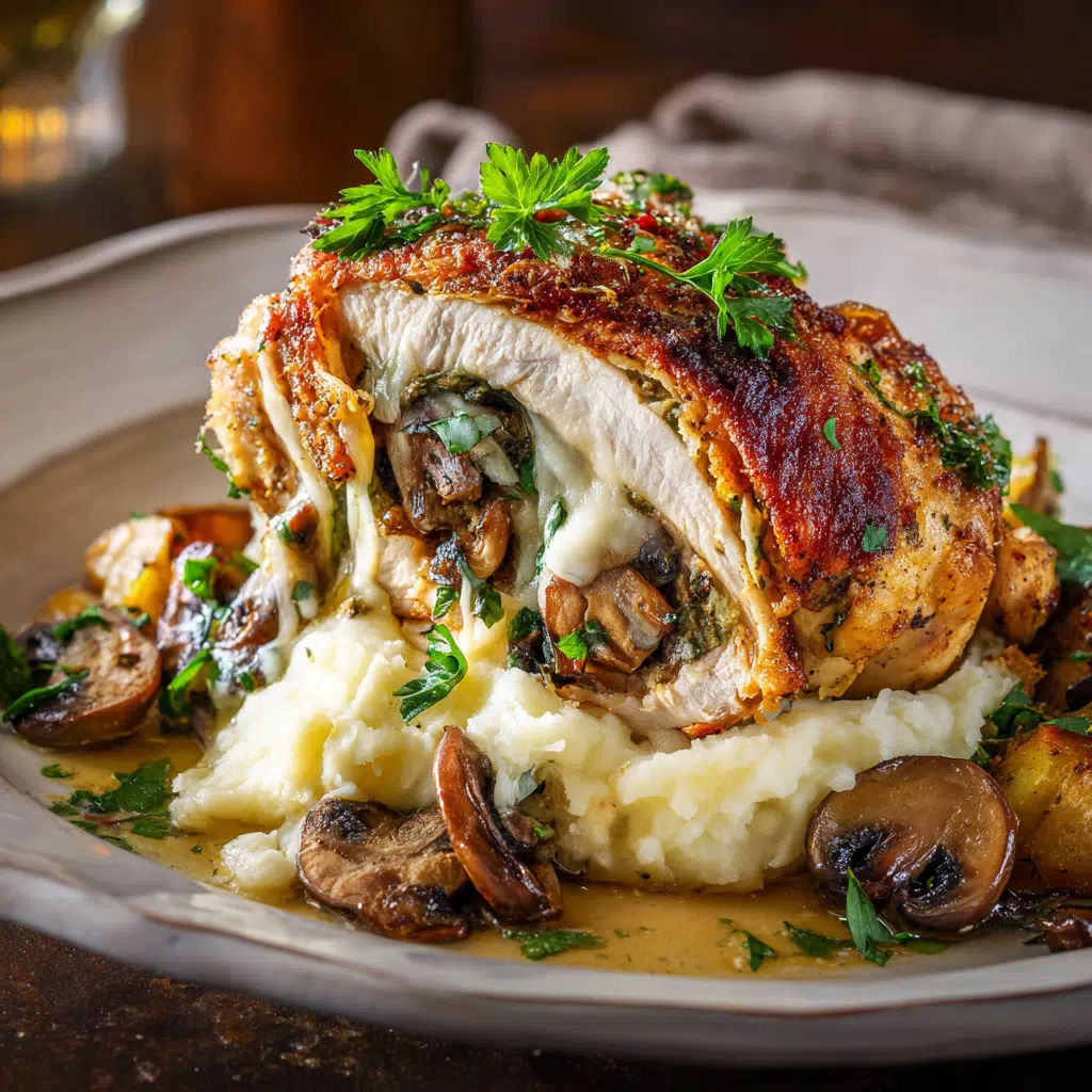 Cheesy Garlic Butter Mushroom Stuffed Chicken served with mashed potatoes and roasted vegetables