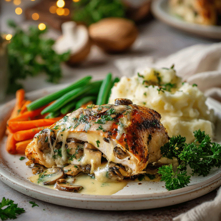 Served Cheesy Garlic Butter Mushroom Stuffed Chicken with mashed potatoes, roasted vegetables, and garlic butter sauce