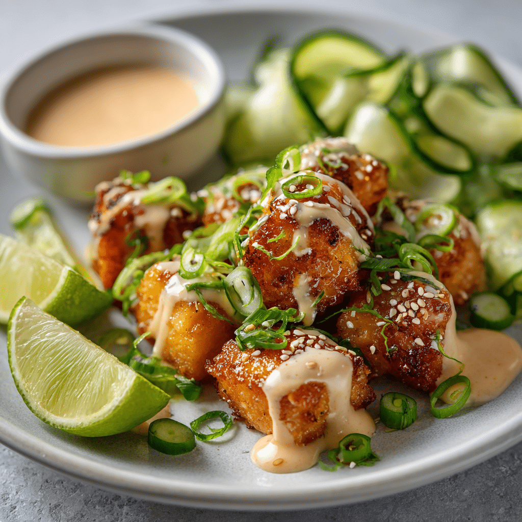 Plated Bang Bang salmon bites with creamy sauce, sesame seeds, green onions, and cucumber salad on a white plate.
